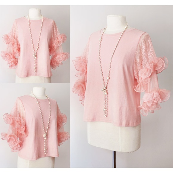 the clothing company Tops - Pink Lace Tulle Flutter Sleeves Pretty Tee T Shirt